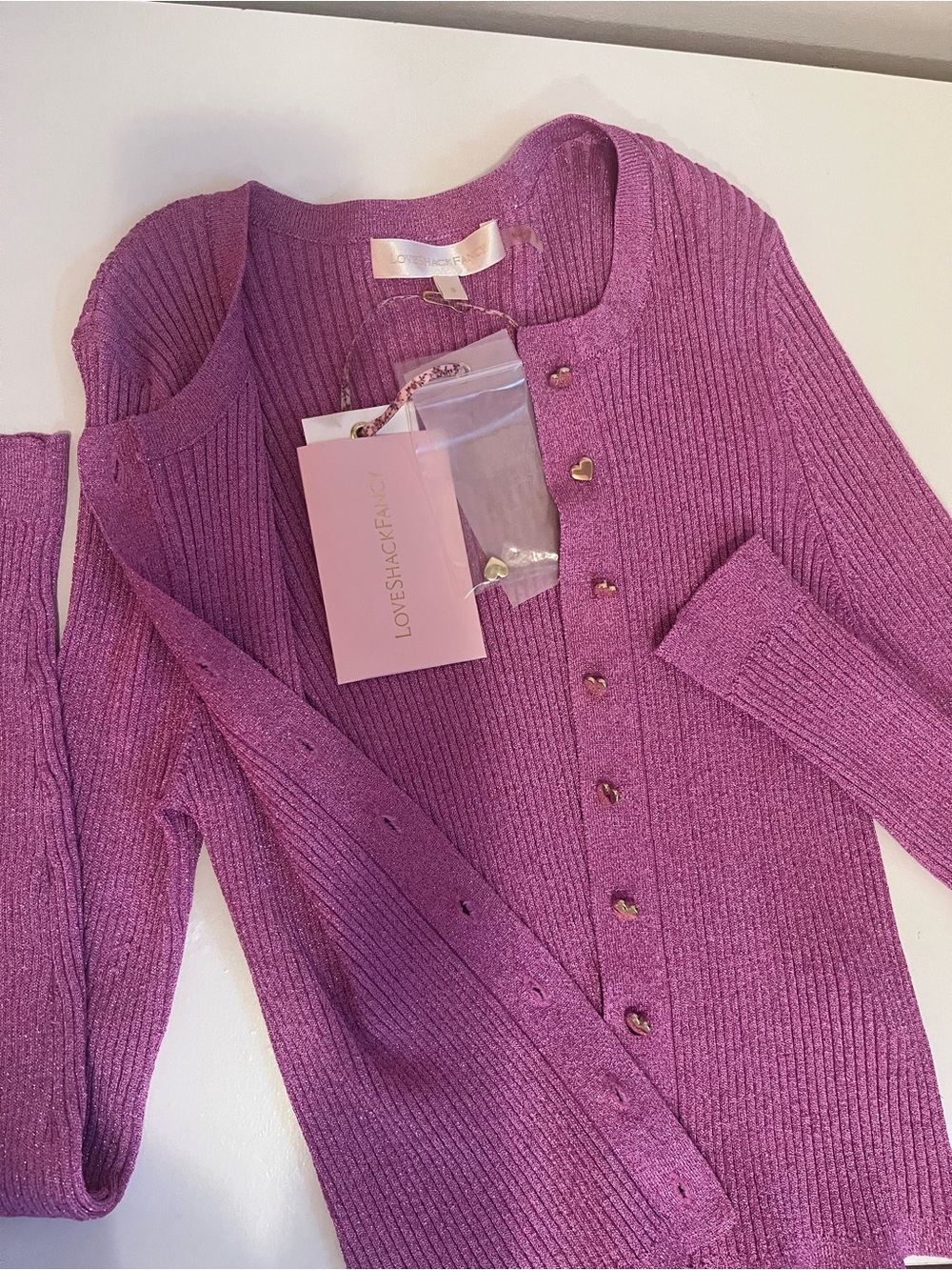 LoveShackFancy Violet-Pink Ribbed Heart Button Cardigan